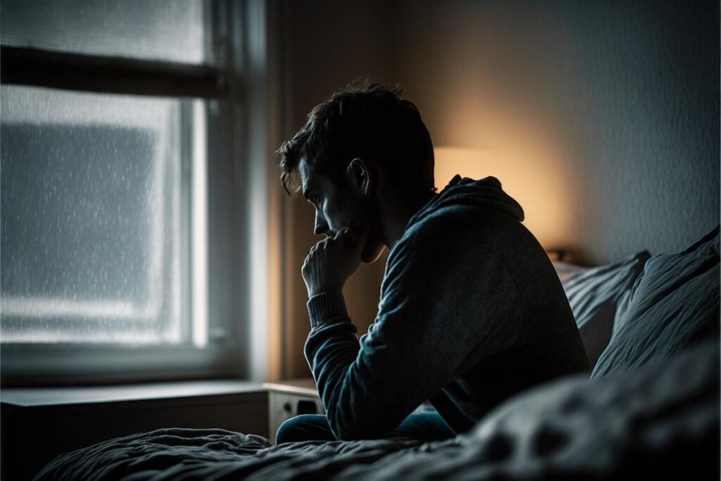 Person sits in the dark on couch as he ponders the warning signs of heroin abuse