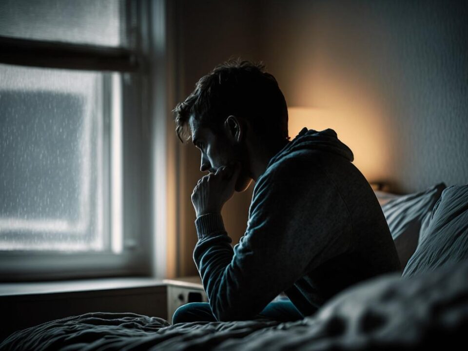 Person sits in the dark on couch as he ponders the warning signs of heroin abuse