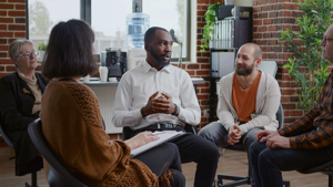 Man talks to other folks in aftercare program